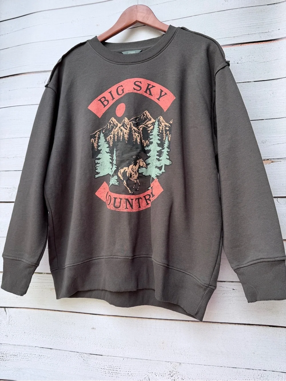 Terra & Sky Olive Graphic Crewneck Sweatshirt with Coral Print